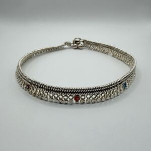 925 Sterling Silver Mesh Collar Choker Necklace Multicolor Stones 10.5" 27.3g
